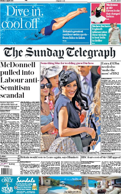 The Sunday Telegraph Newspaper Front Page for 5 August 2018
