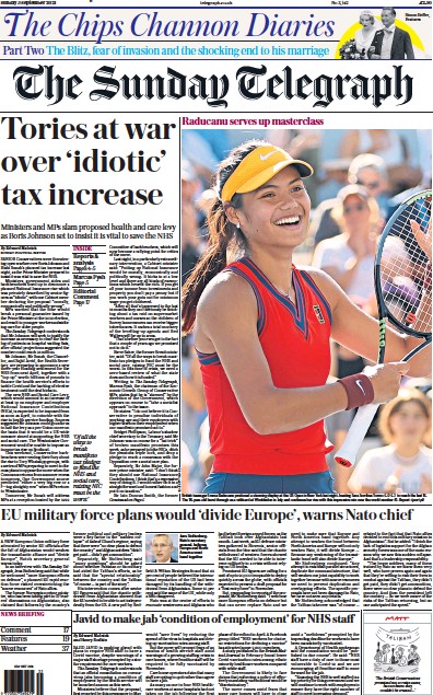 The Sunday Telegraph (UK) Newspaper Front Page for 5 September 2021