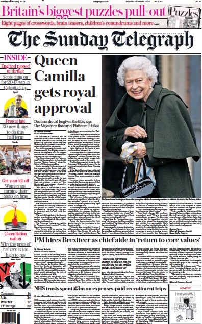 The Sunday Telegraph Newspaper Front Page for 6 February 2022
