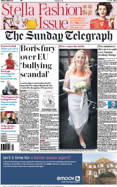 The Sunday Telegraph Newspaper Front Page for 6 March 2016