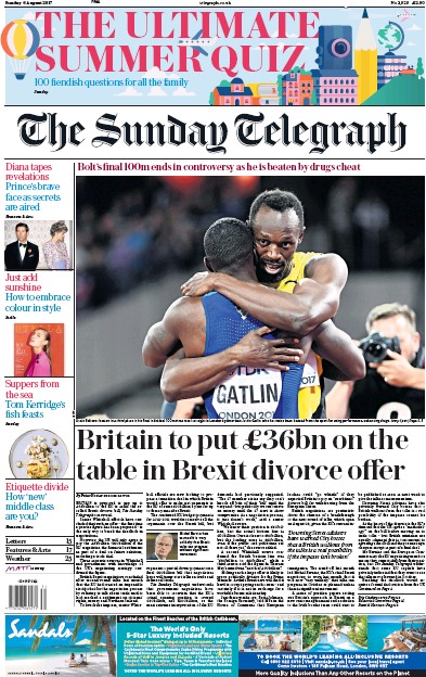 The Sunday Telegraph Newspaper Front Page for 6 August 2017