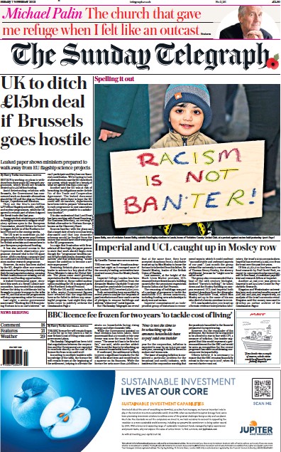 The Sunday Telegraph (UK) Newspaper Front Page for 7 November 2021