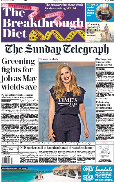 The Sunday Telegraph Newspaper Front Page for 7 January 2018