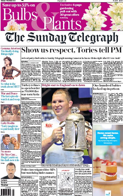The Sunday Telegraph Newspaper Front Page for 7 February 2016