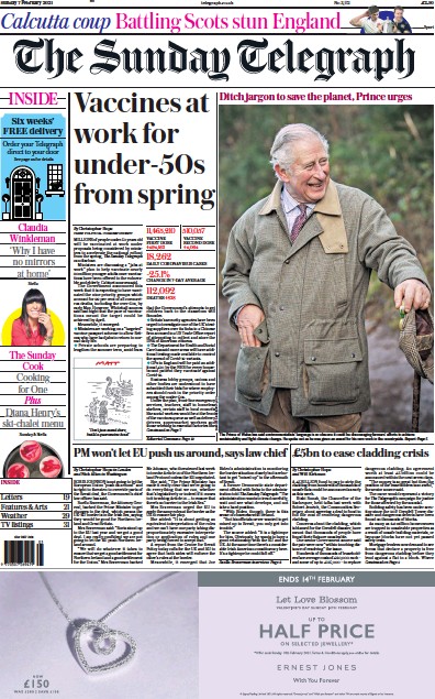The Sunday Telegraph Newspaper Front Page for 7 February 2021