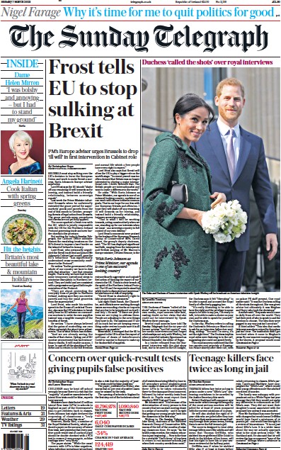 The Sunday Telegraph (UK) Newspaper Front Page for 7 March 2021
