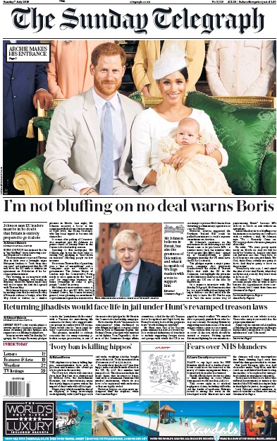 The Sunday Telegraph Newspaper Front Page for 7 July 2019