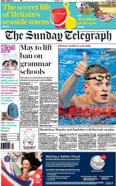 The Sunday Telegraph (UK) Newspaper Front Page for 7 August 2016