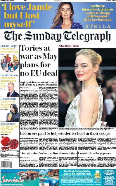 The Sunday Telegraph Newspaper Front Page for 8 October 2017