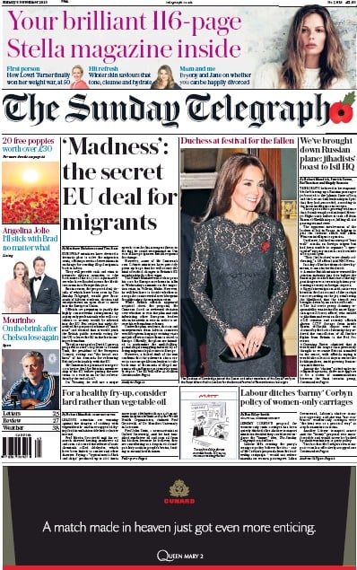 The Sunday Telegraph Newspaper Front Page for 8 November 2015