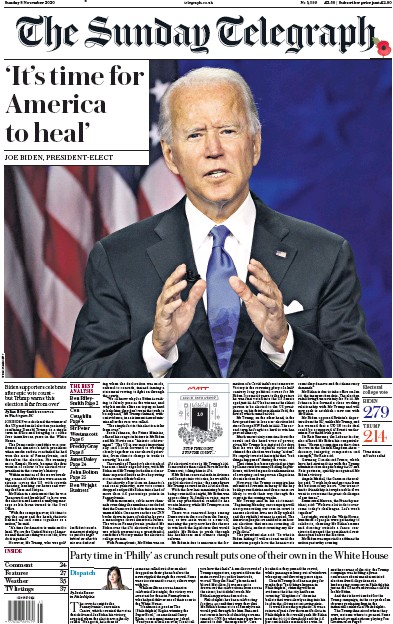 The Sunday Telegraph Newspaper Front Page for 8 November 2020