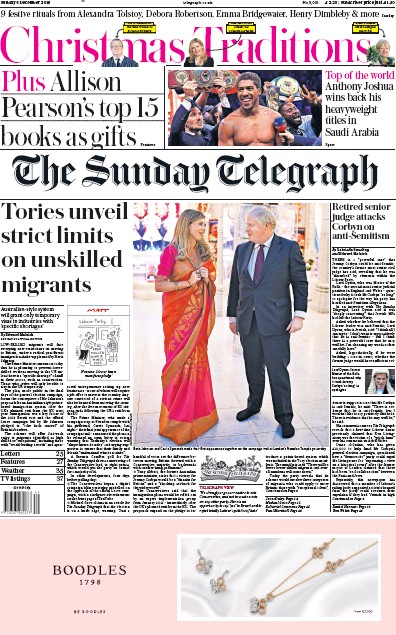 The Sunday Telegraph Newspaper Front Page for 8 December 2019