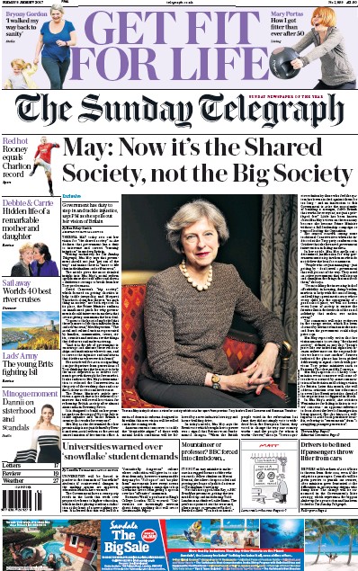 The Sunday Telegraph (UK) Newspaper Front Page for 8 January 2017