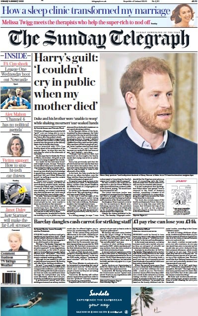 The Sunday Telegraph (UK) Newspaper Front Page for 8 January 2023