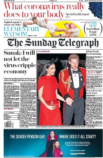 The Sunday Telegraph Newspaper Front Page for 8 March 2020