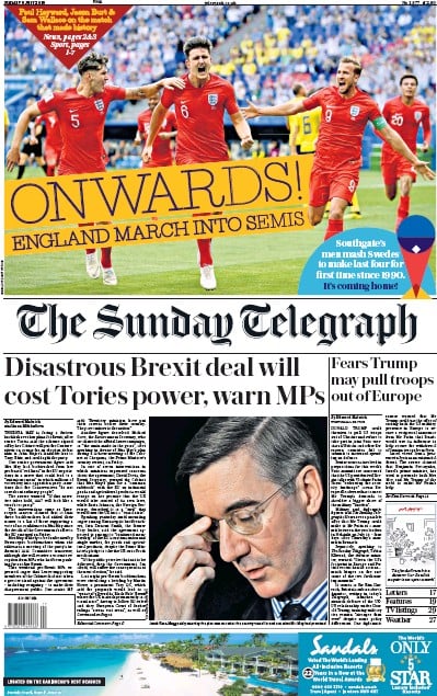 The Sunday Telegraph Newspaper Front Page for 8 July 2018