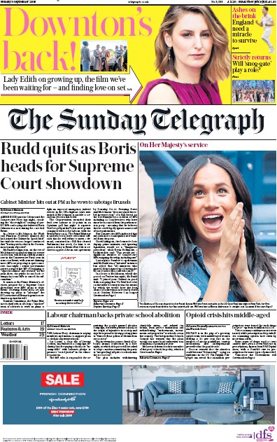 The Sunday Telegraph Newspaper Front Page for 8 September 2019