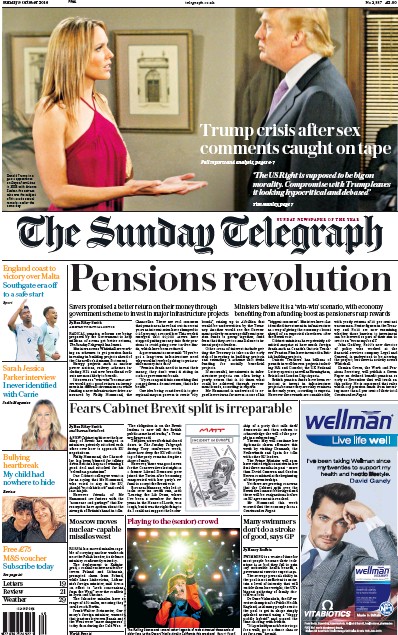 The Sunday Telegraph Newspaper Front Page for 9 October 2016