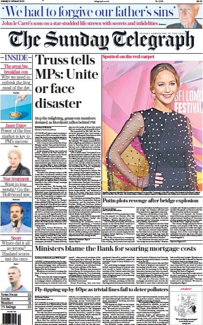 The Sunday Telegraph (UK) Newspaper Front Page for 9 October 2022