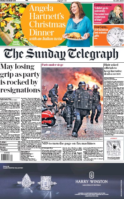 The Sunday Telegraph Newspaper Front Page for 9 December 2018