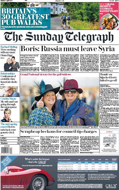 The Sunday Telegraph Newspaper Front Page for 9 April 2017
