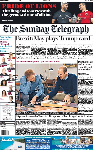The Sunday Telegraph Newspaper Front Page for 9 July 2017